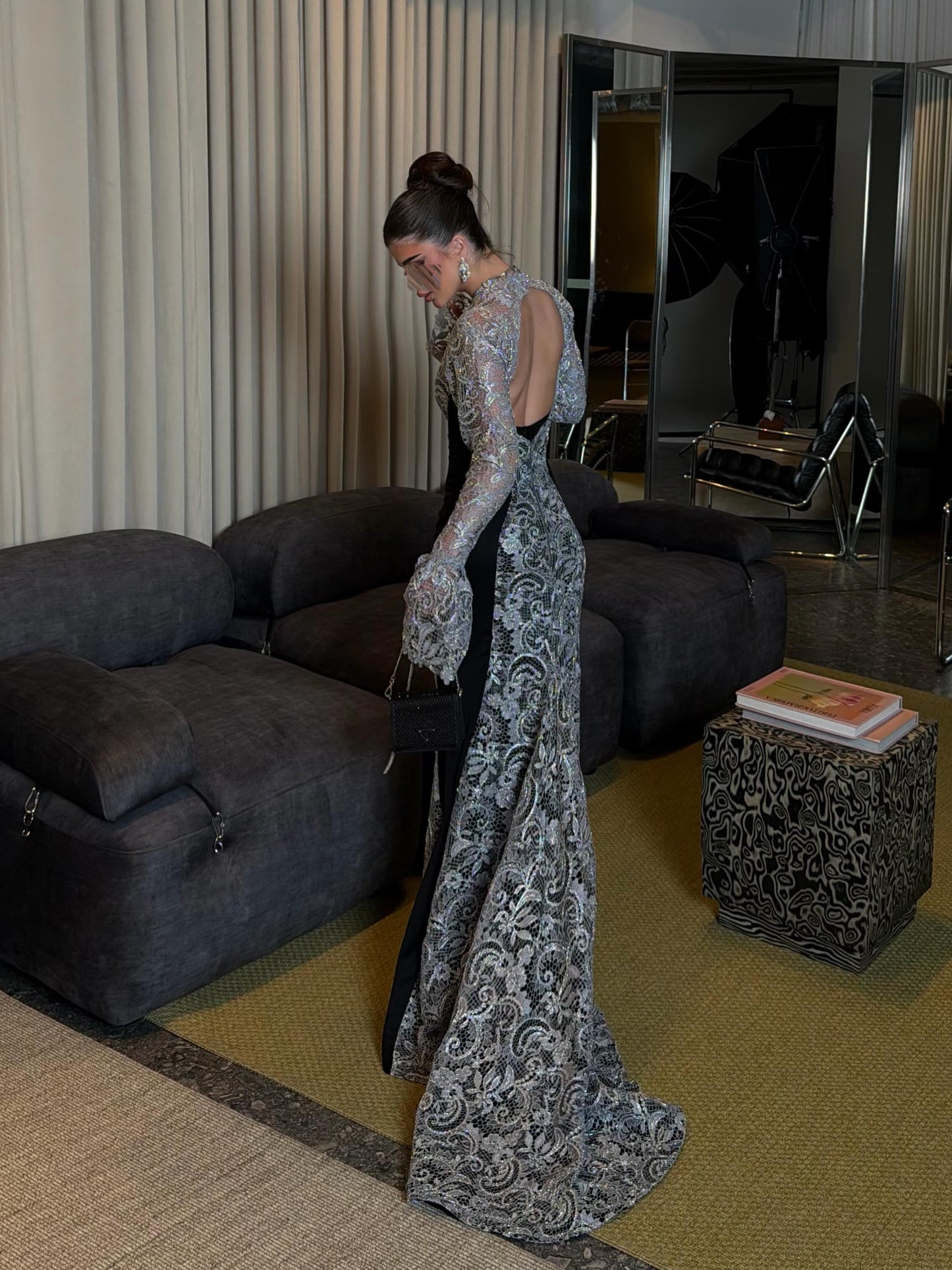 Open Back Mermaid Evening Gown with Bell Sleeves