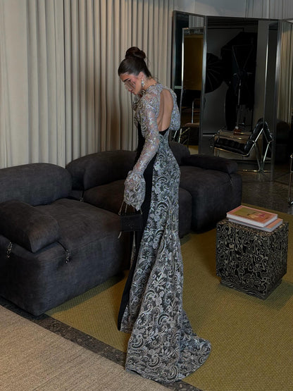 Open Back Mermaid Evening Gown with Bell Sleeves
