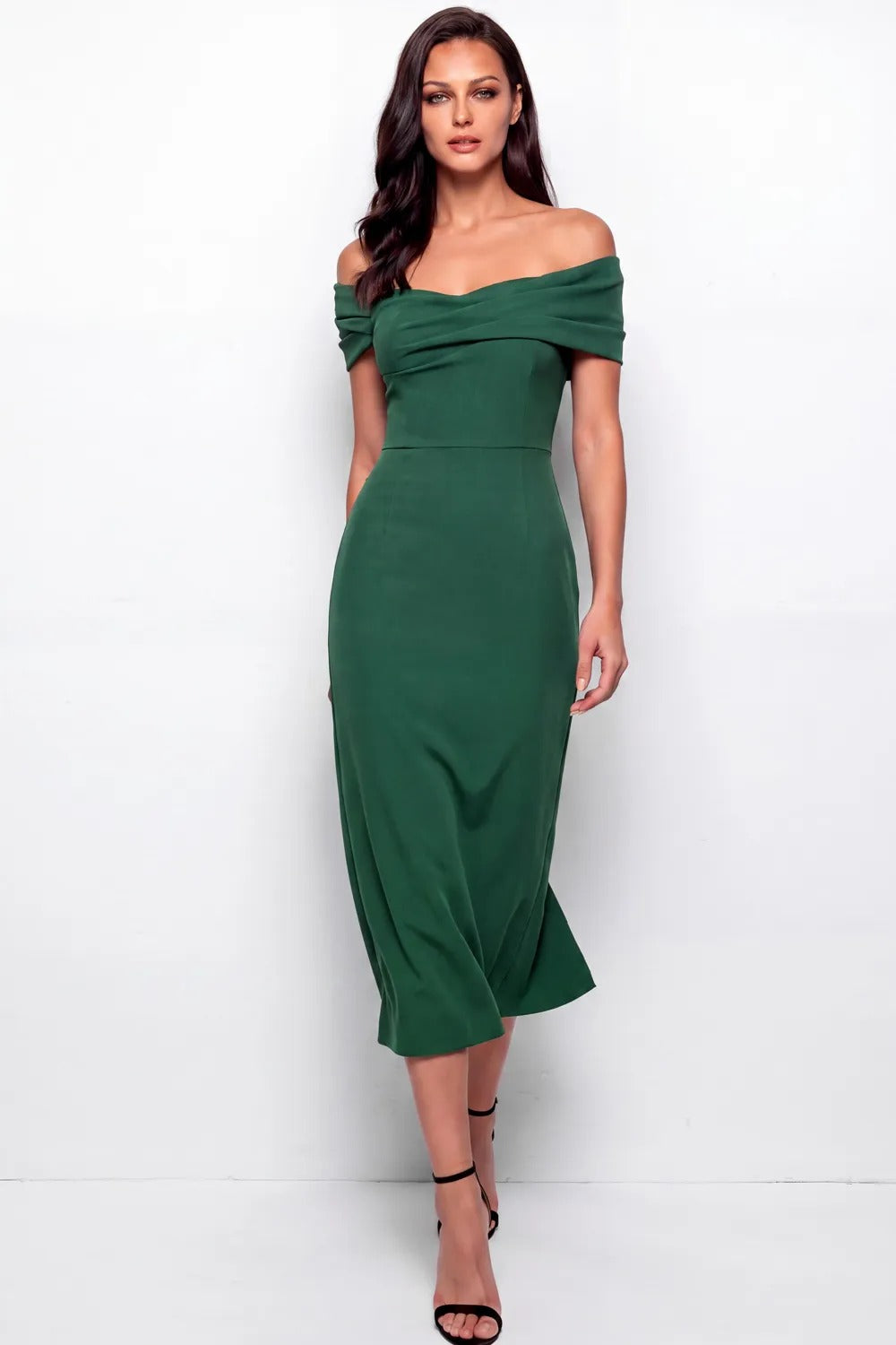 Off-the-Shoulder Draped Midi Sheath Dress
