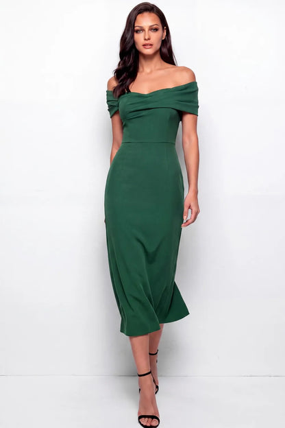 Off-the-Shoulder Draped Midi Sheath Dress