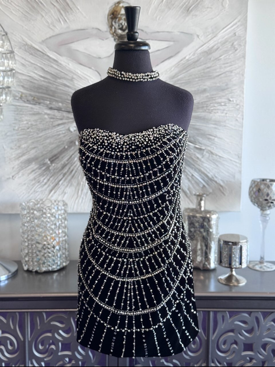 Strapless Crystal Embellished Velvet Mini Dress