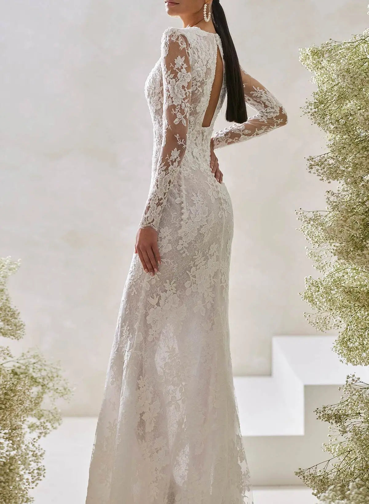 Lace Long Sleeve A-Line Wedding Dress with Open Back