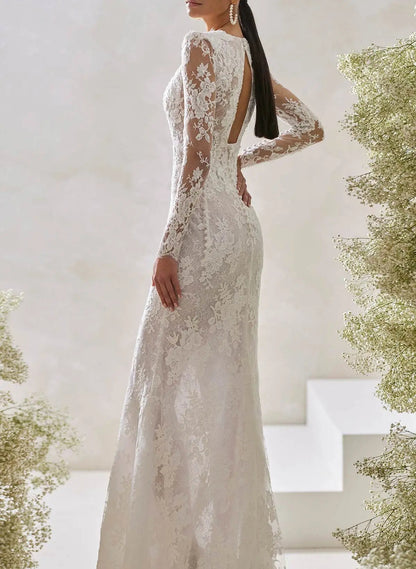 Lace Long Sleeve A-Line Wedding Dress with Open Back