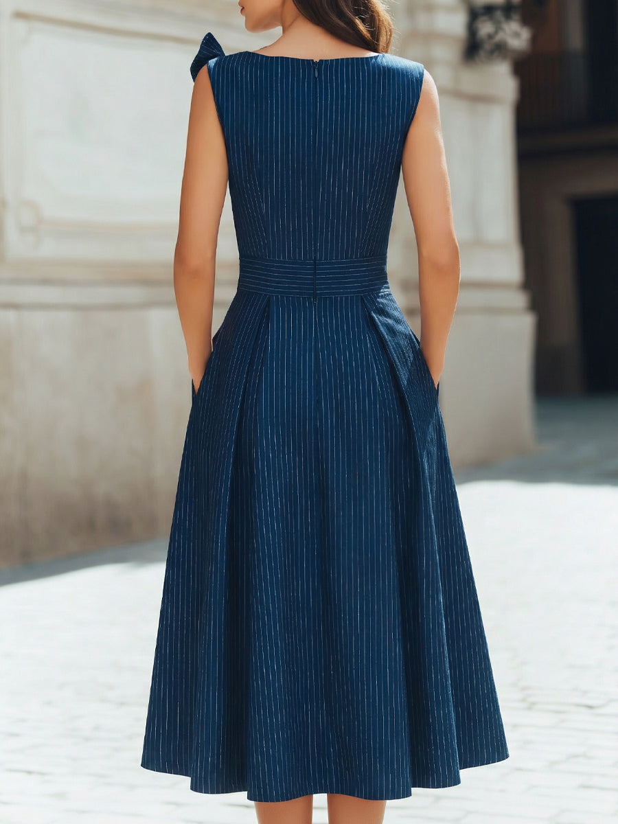 Pinstripe Midi A-Line Dress with Shoulder Bow