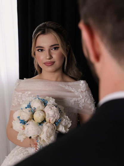 Off-the-Shoulder Illusion Lace Ball Gown Wedding Dress
