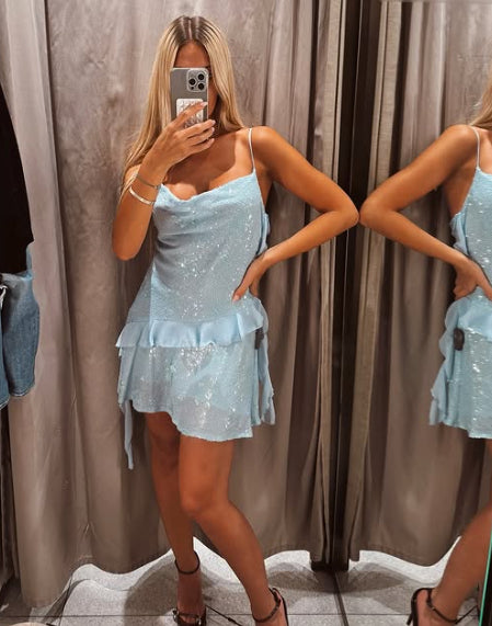Asymmetrical Sequin Cowl Neck Mini Dress