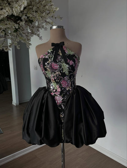 Halter Floral Embroidered Bubble Skirt Mini Dress