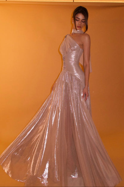 One-Shoulder Pleated Metallic Evening Gown