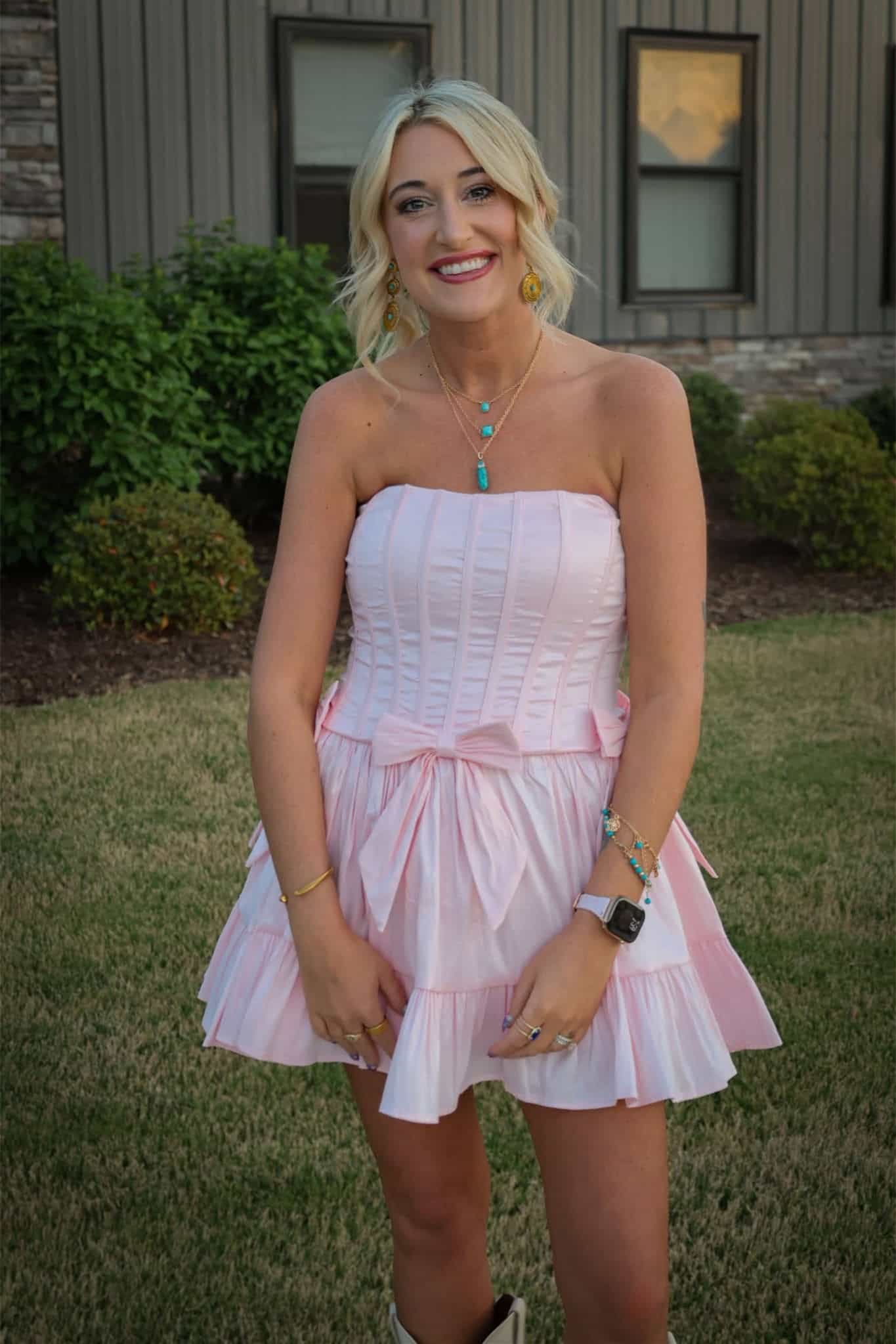 Strapless Corset Tiered Mini Dress with Bows