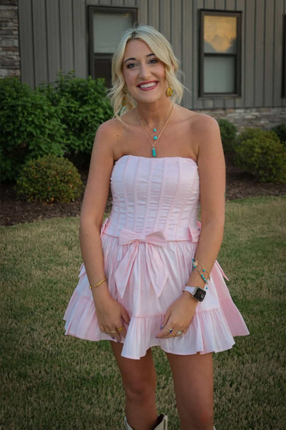 Strapless Corset Tiered Mini Dress with Bows