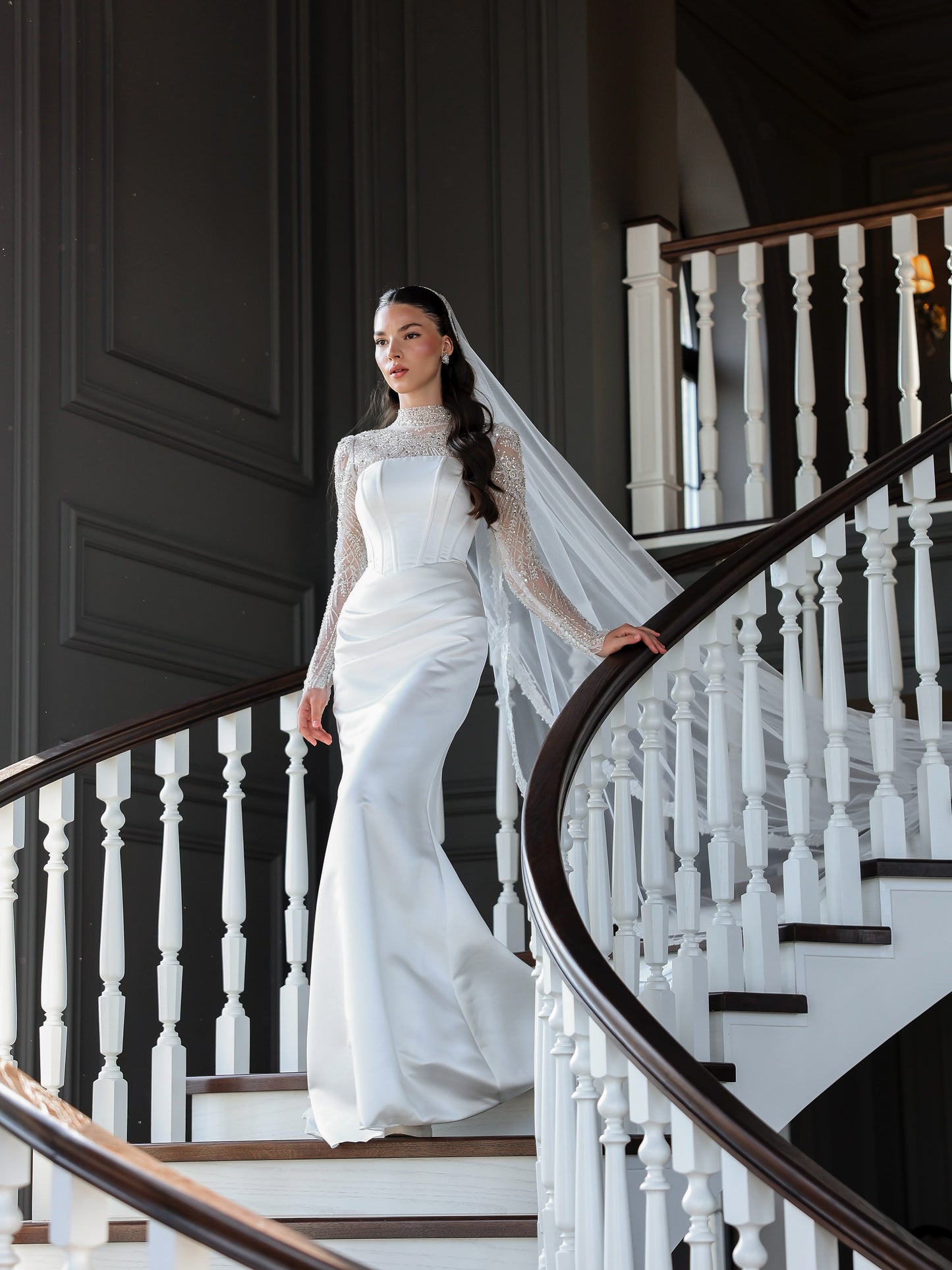 Lace High-Neck Ball Gown Wedding Dress with Train