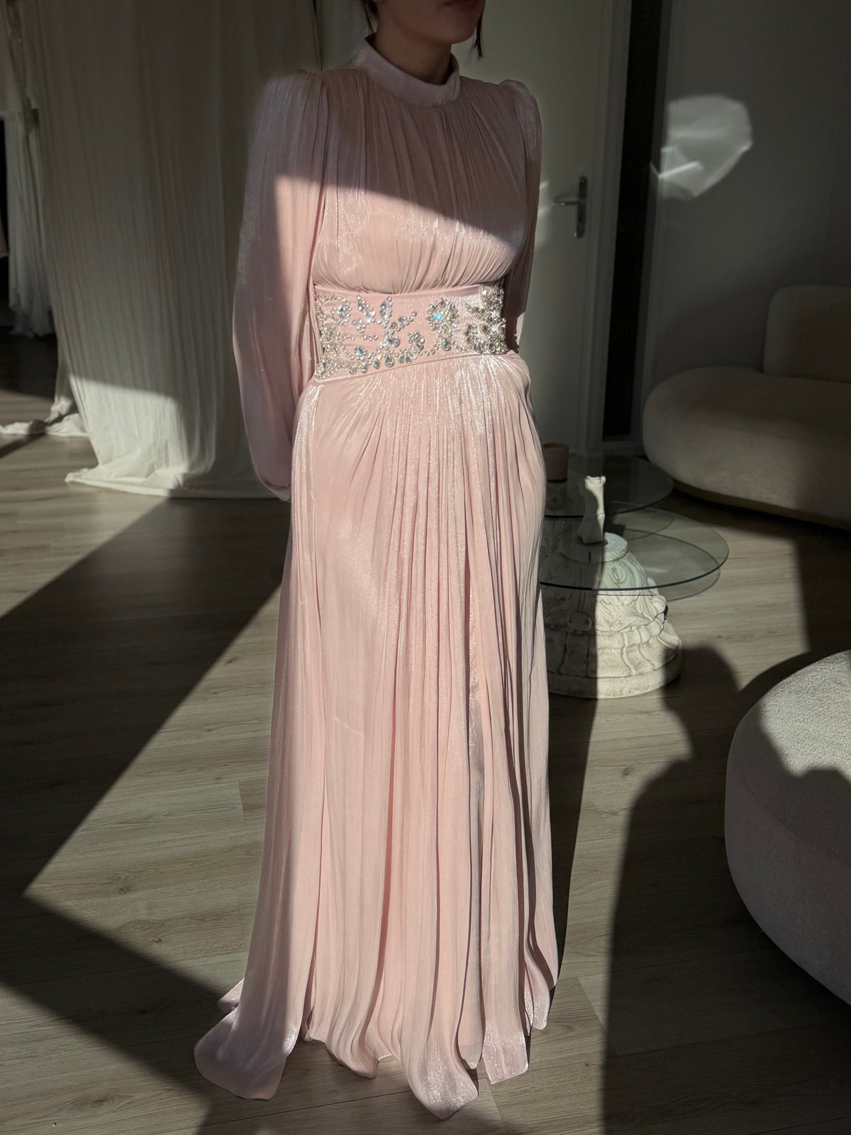 Pleated High-Neck Gown with Rhinestone Waist