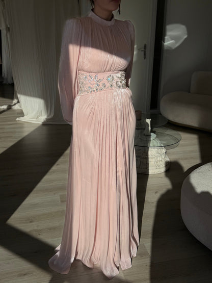 Pleated High-Neck Gown with Rhinestone Waist