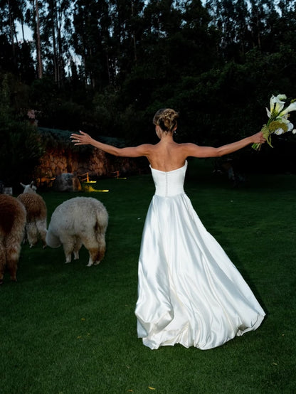 Strapless Ruched Bodice Satin A-Line Bridal Gown