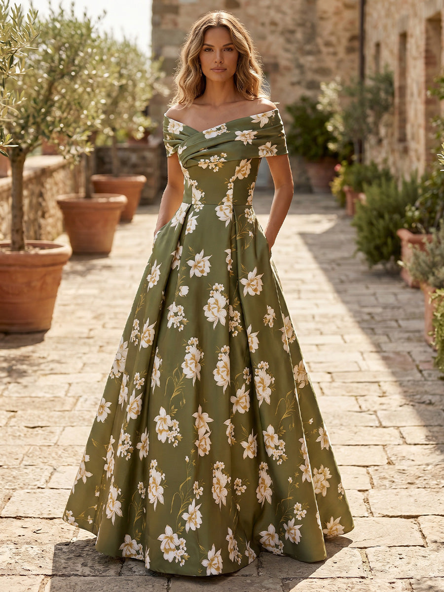 Off-the-Shoulder Floral Print A-Line Gown