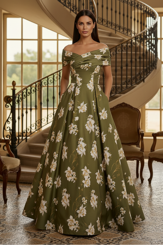Off-the-Shoulder Floral Print A-Line Gown