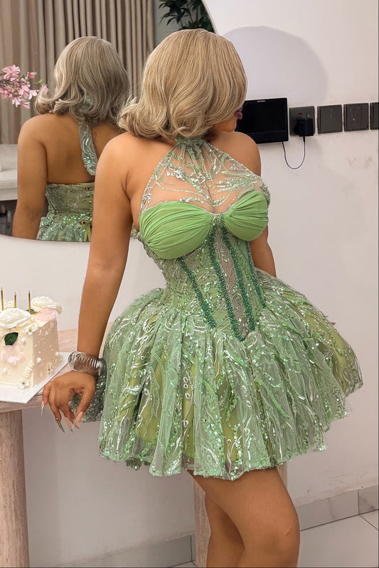 Halter Neck Corset Mini Dress with Voluminous Skirt
