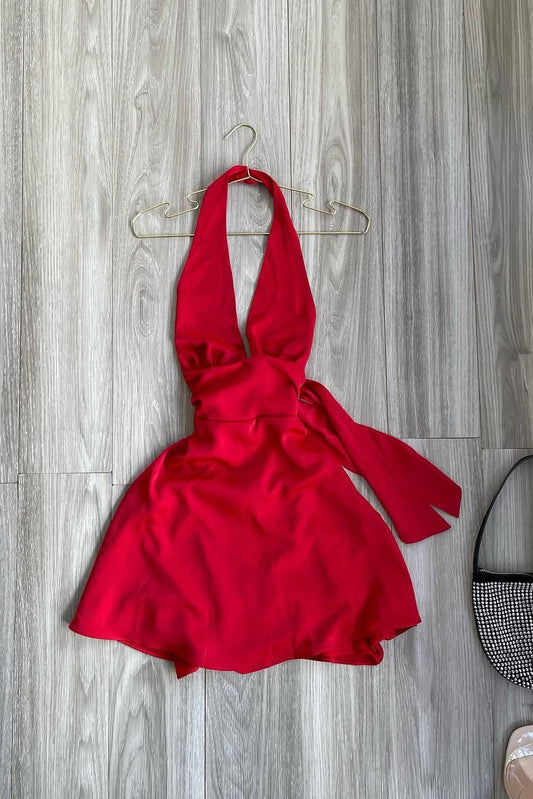 Satin Halter Deep V-Neck Mini Dress