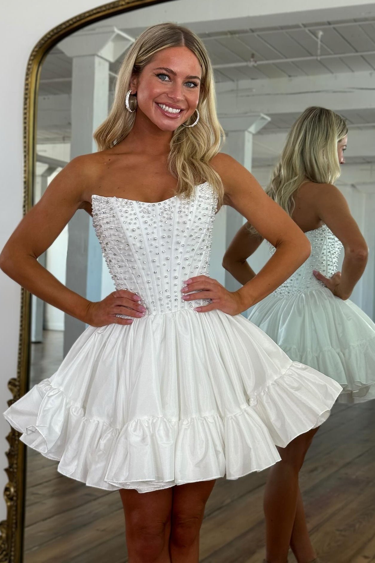 Pearl Beaded Corset Ruffle Mini Dress