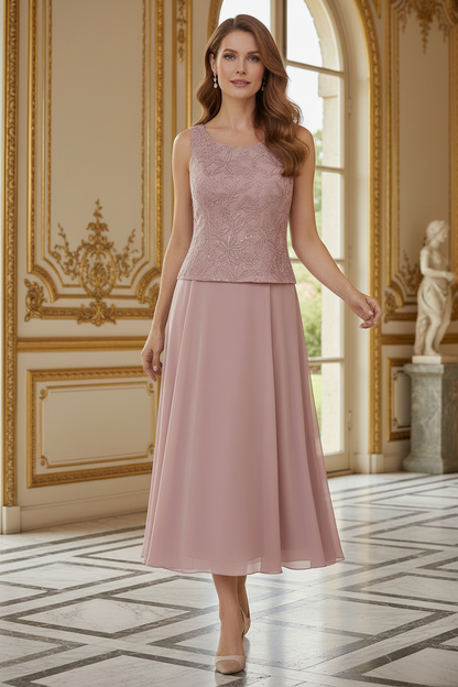 Embroidered Tea-Length Dress with Chiffon Jacket