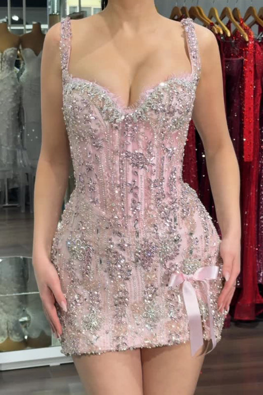 Embellished Corset Mini Dress with Bow Accent