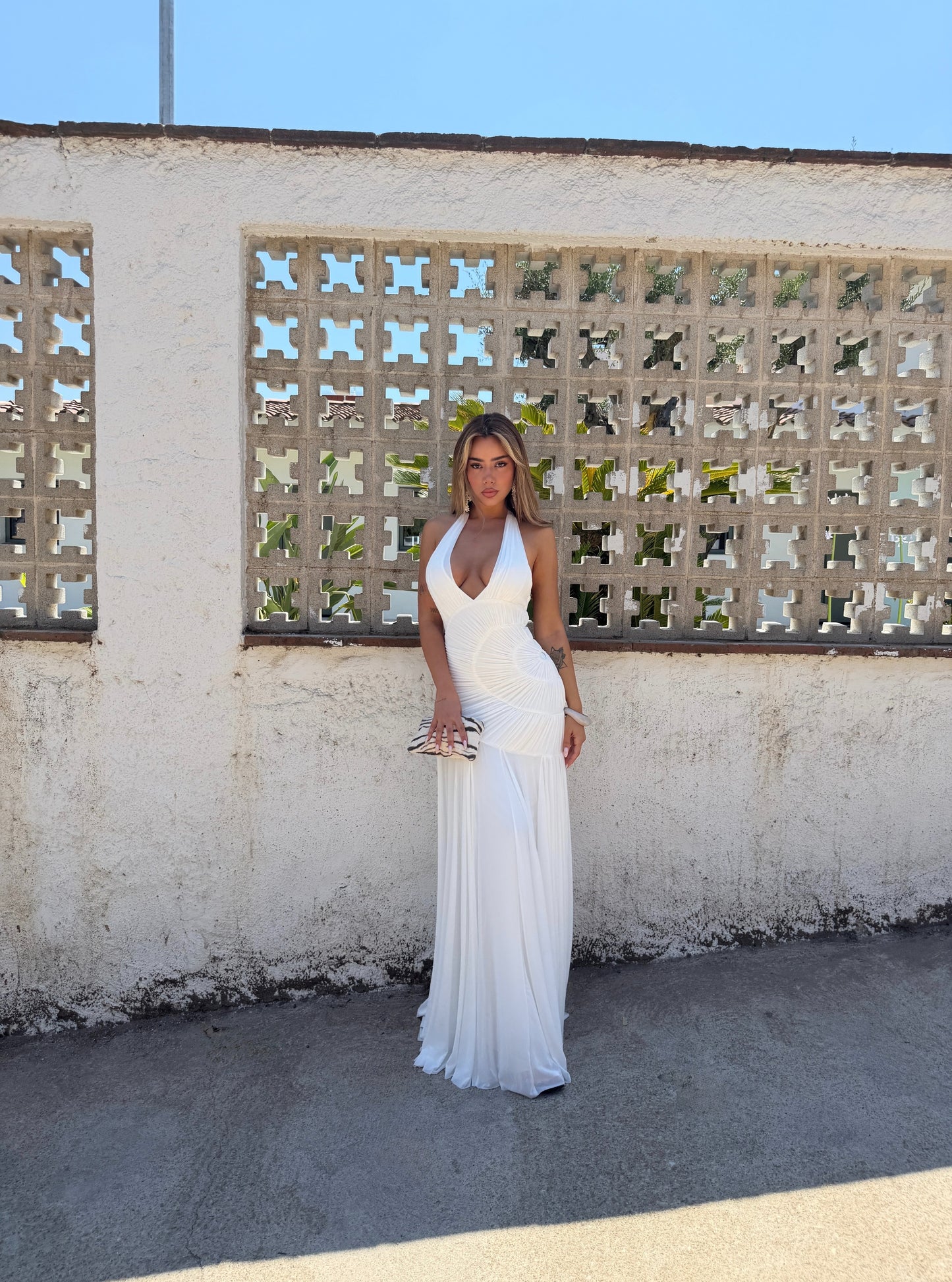 Deep V Halter Ruched Drop-Waist Maxi Dress
