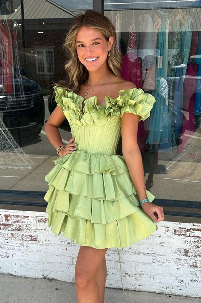 Off-the-Shoulder Corset Tiered Ruffle Mini Dress