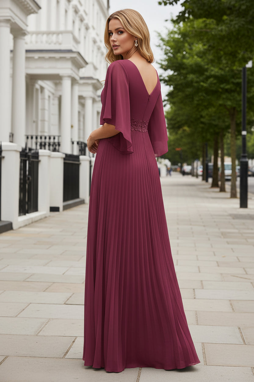 Pleated A-Line Maxi Dress with Flutter Sleeves