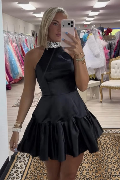 Pearl Choker Halter Fit-and-Flare Mini Dress