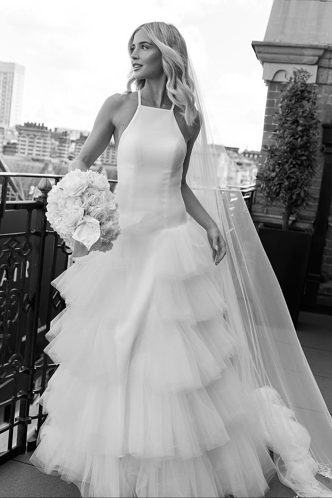 Tiered Tulle Halter Open Back Wedding Dress