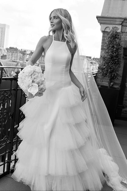 Tiered Tulle Halter Open Back Wedding Dress