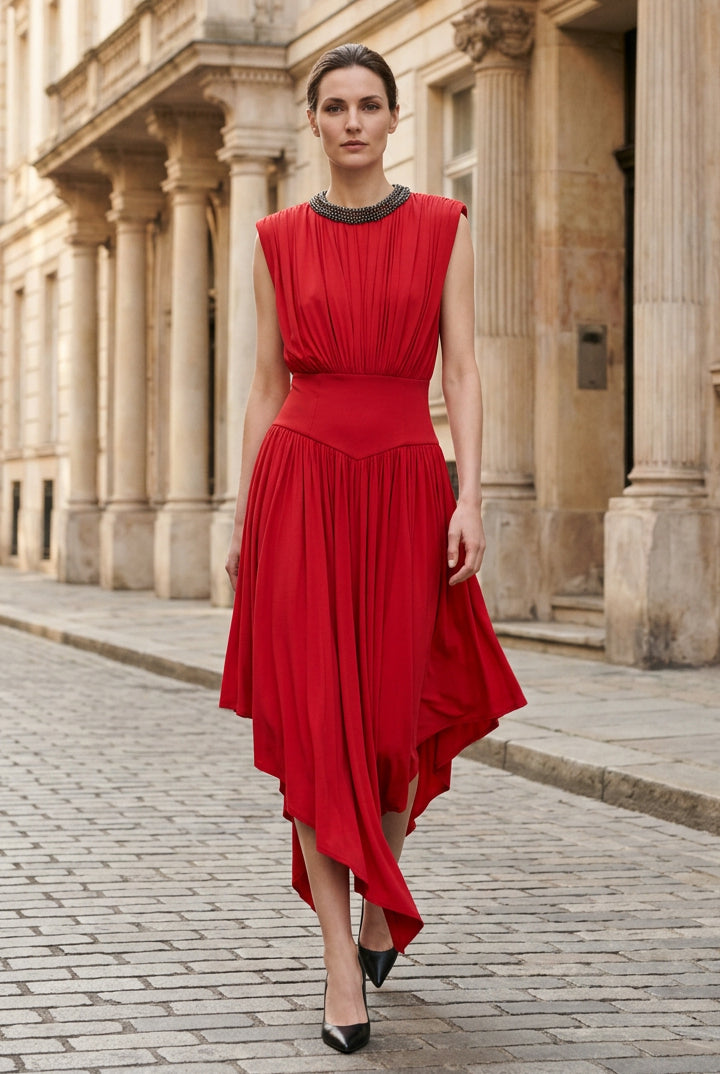 Pleated Asymmetric Midi Dress with Beaded Neckline