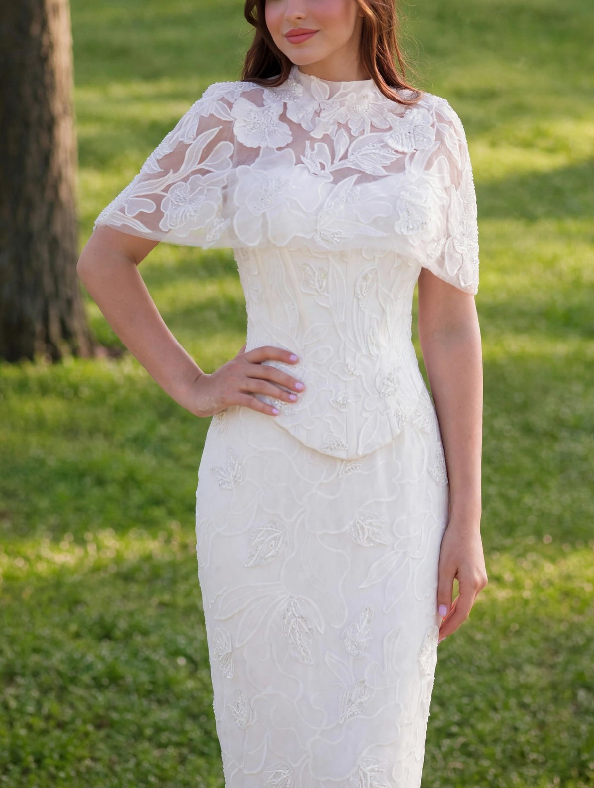 Floral Embroidered Capelet Ankle-Length Dress