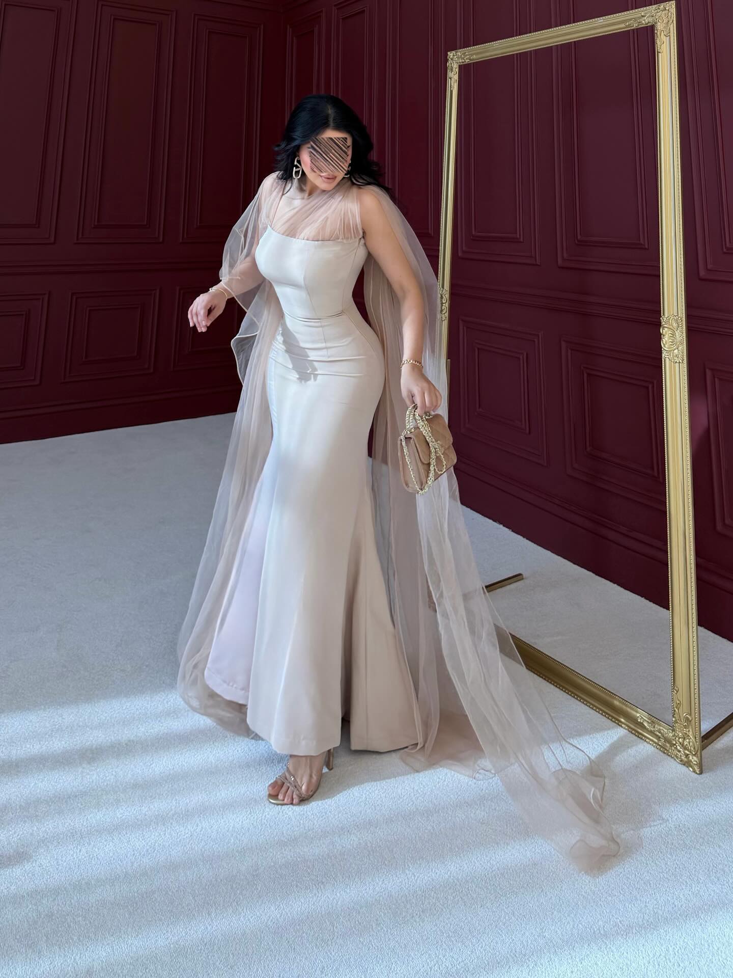 Elegant Mermaid Evening Gown with Sheer Cape Overlay