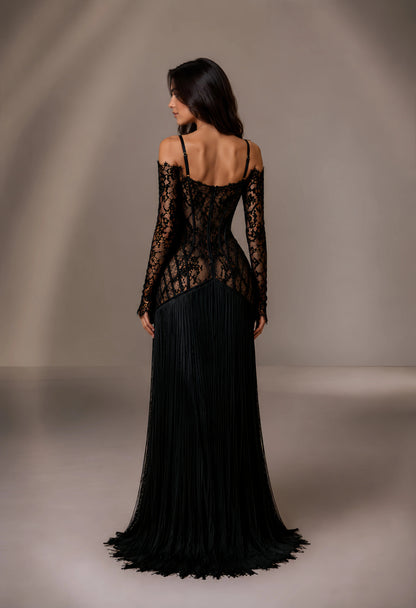 Off-Shoulder Lace Corset Gown with Fringe Skirt