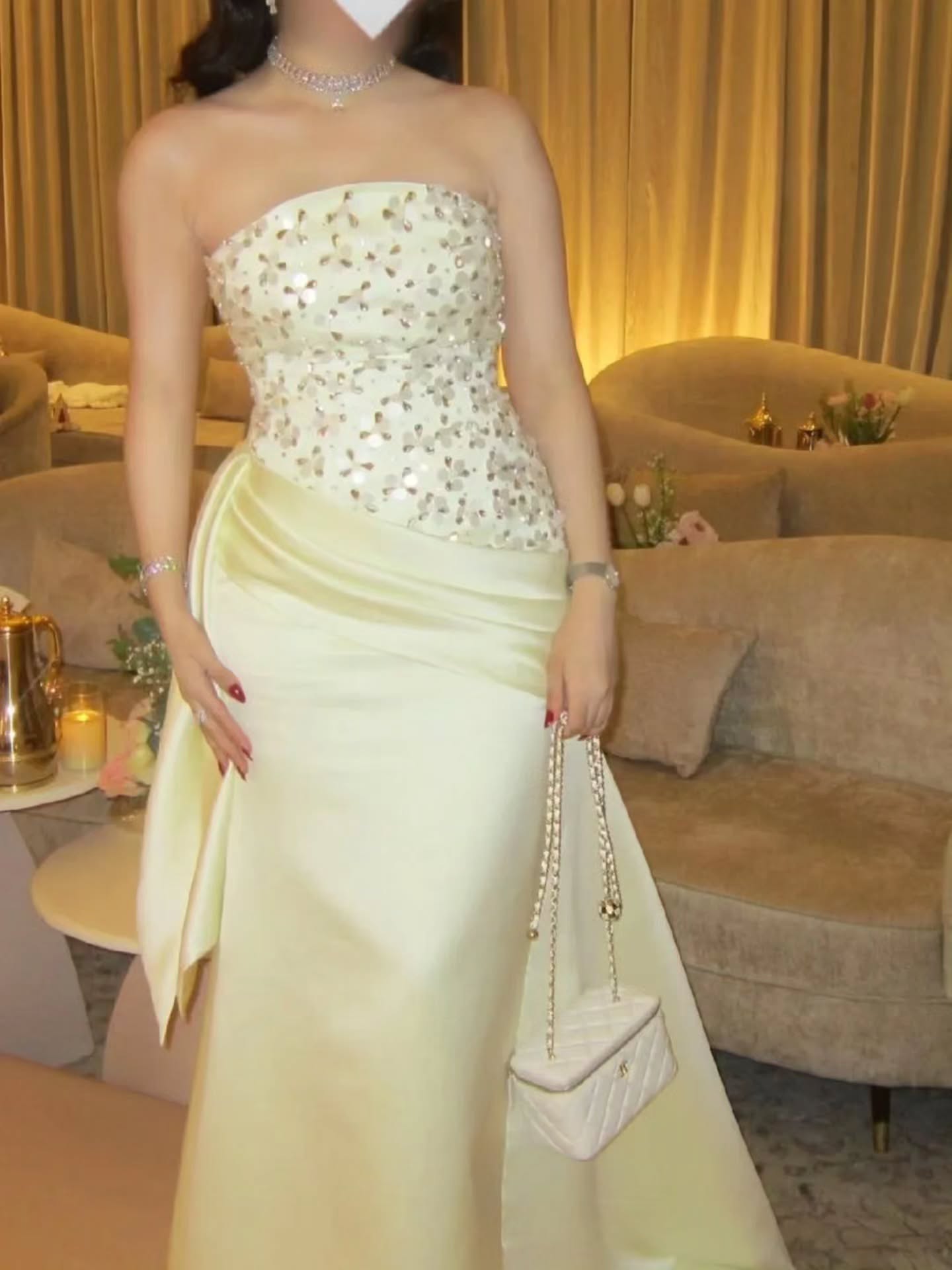 Strapless Beaded Satin Evening Gown