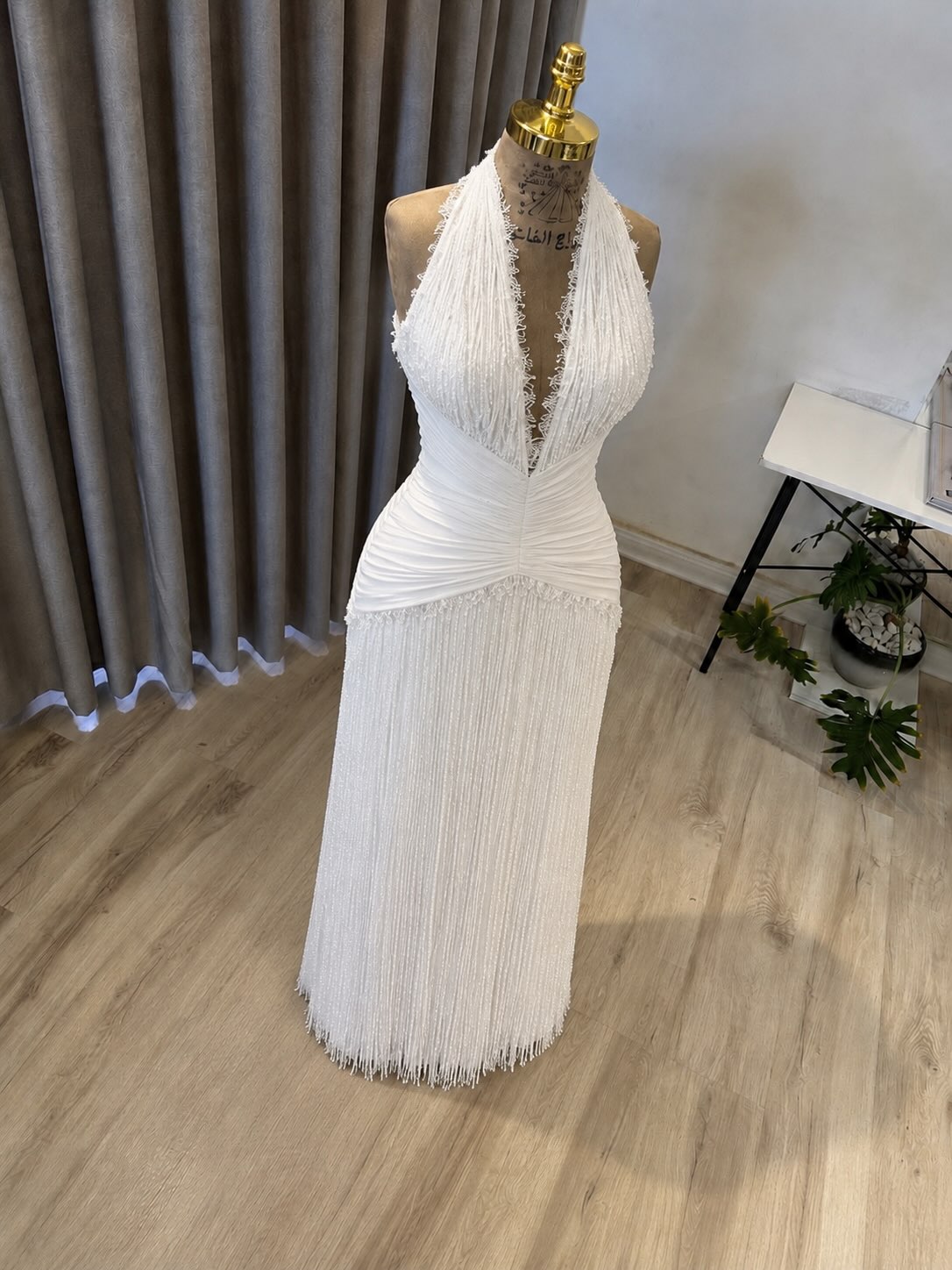 Halter Beaded Fringe Maxi Dress with Ruched Waist