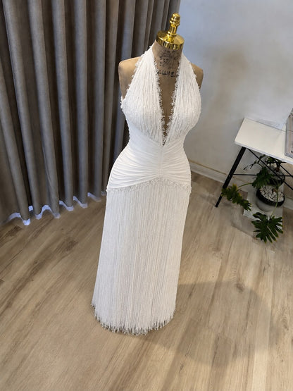 Halter Beaded Fringe Maxi Dress with Ruched Waist