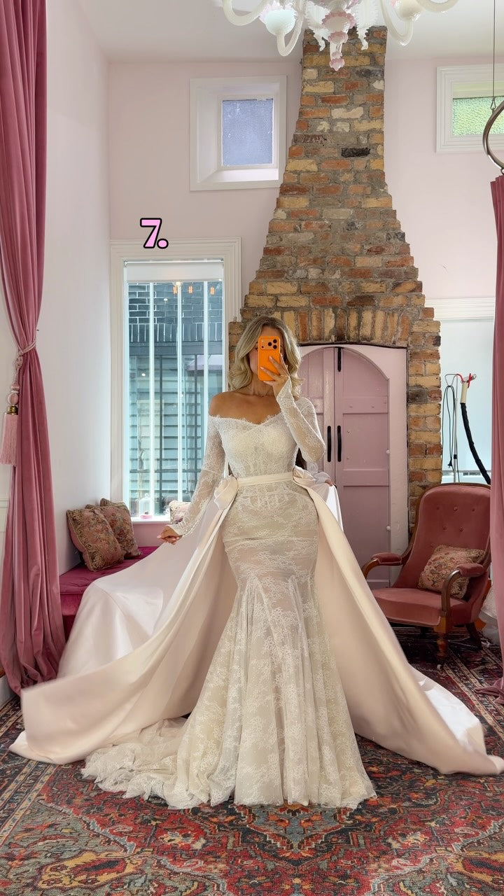 Off Shoulder Lace Mermaid Wedding Dress Overskirt