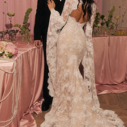 Long Sleeve Lace Mermaid Wedding Dress with Train