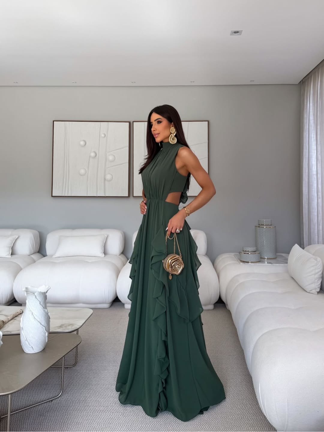 Halter Ruffle Open-Back Chiffon Gown