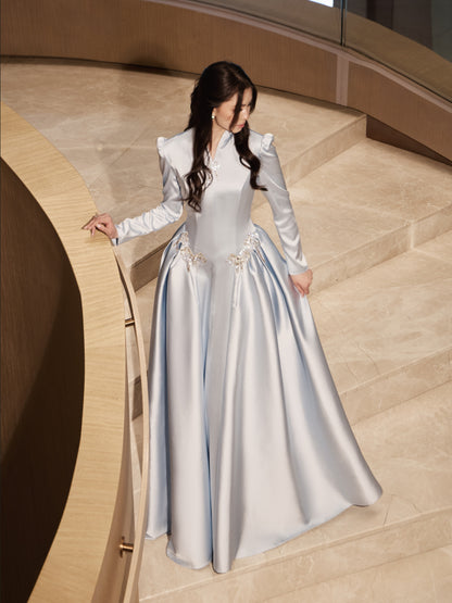 High-Neck Satin Long Sleeve Evening Gown