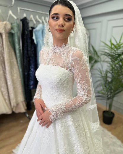 Lace Illusion Long Sleeve A-Line Wedding Dress