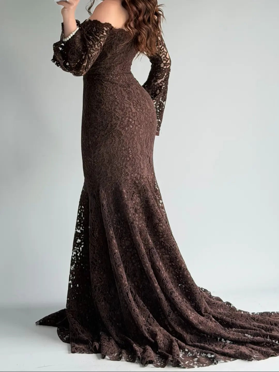 Off-Shoulder Lace Mermaid Gown with Long Sleeves