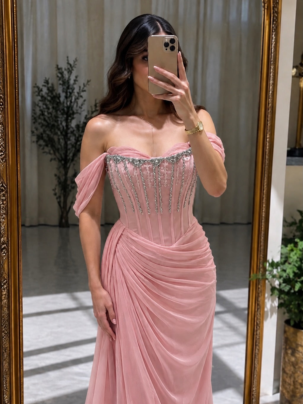 Beaded Corset Off-the-Shoulder Draped Gown