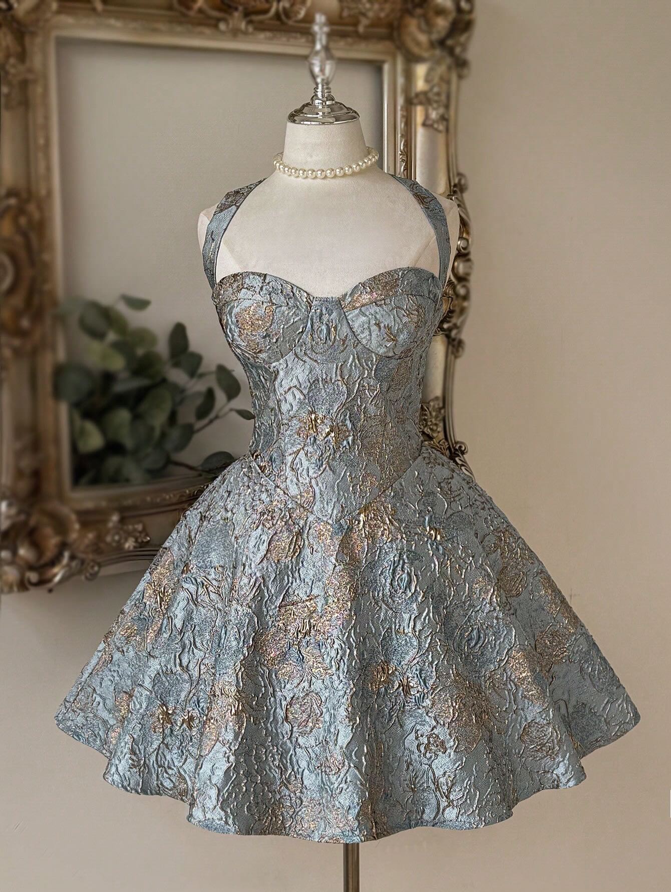 Metallic Floral Jacquard Corset Mini Dress