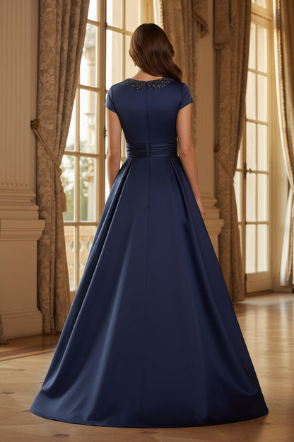 Beaded Neckline Satin A-Line Evening Gown