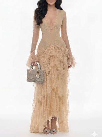 Vintage Inspired Tiered Lace Evening Gown