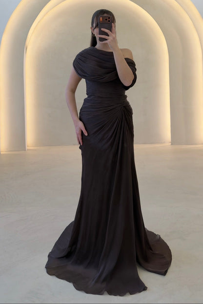 Draped One-Shoulder Column Evening Dress