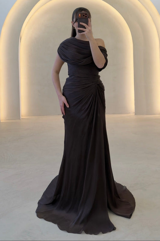 Draped One-Shoulder Column Evening Dress